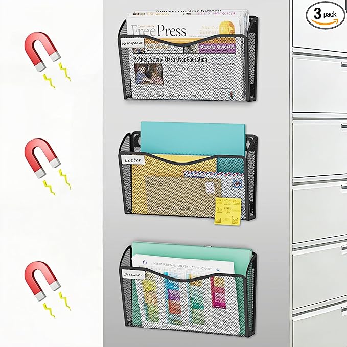 BOHDK Magnetic Wall File Holder 3-Pack - Mesh Organizer with Strong Magnets for Office, Home & School - Space Saving Black Document Organizer