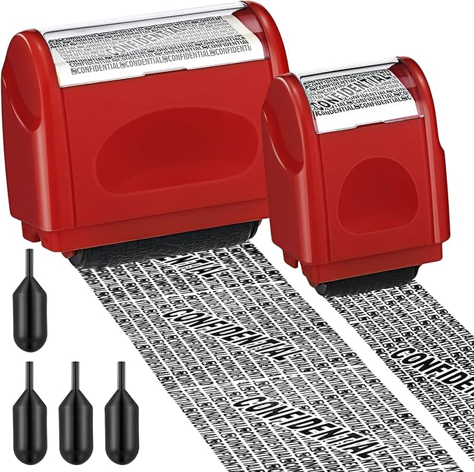 Nezyo 2 Pack Identity Protection Roller Stamp Identity Theft, Confidential, Privacy Roller Stamp Information Blocker and 4 Pack Refill Ink for ID Account Data Address Security(Red)