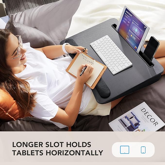 HUANUO Lap Laptop Desk - Portable Lap Desk with Pillow Cushion, Fits up to 17 inch Laptop, with Anti-Slip Strip & Storage Function for Home Office Students Use as Computer Laptop Stand, HNLD28B