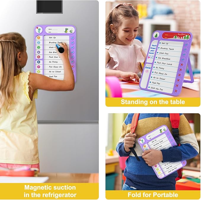 Magnetic Chore Chart for Kids, ADHD Task Tracker Easy-Check Routine Dry Erase Board, to-Do List Planning Tool with Stand for Fridge/Desk/Home/School, 6 Reusable Sheets, 2 Markers Purple