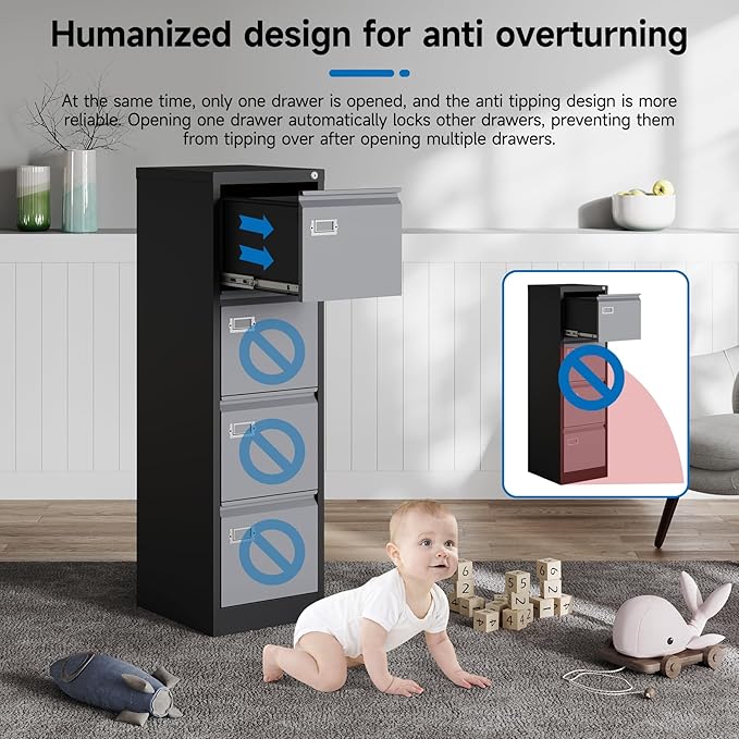 4 Drawer File Cabinet with Lock Metal Vertical Filing Cabinet Office Home Lateral File Cabinet for A4 Legal/Letter Size,Assembly Required (Black Gray, 4 Drawers-Vertical)