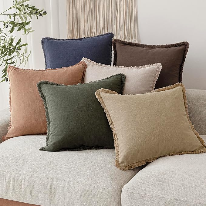 Foindtower Set of 2 Decorative Linen Fringe Lumbar Throw Pillow Covers Farmhouse Cushion Cover with Tassels Soft Accent Pillowcase for Couch Sofa Bed Living Room Home Decor,12×20 Inch,Reddish Brown