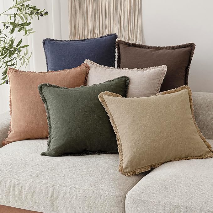 Foindtower Set of 2 Decorative Linen Fringe Throw Pillow Covers Boho Farmhouse Cushion Cover with Tassels Soft Accent Pillowcase for Couch Sofa Bed Living Room Home Decor,20×20 Inch,Reddish Brown