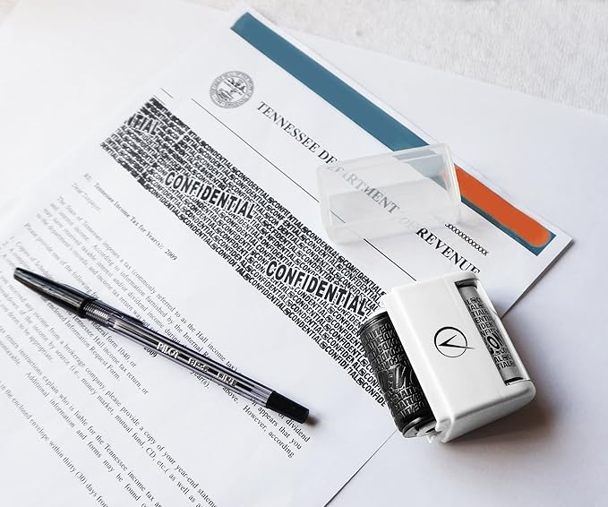 Vantamo Identity Theft Protection Roller Stamp for Hiding Sensitive Information, Wide Confidential Stamp with 3 Ink Refill, Security Stamp Roller for Identity Theft Prevention, Classy White