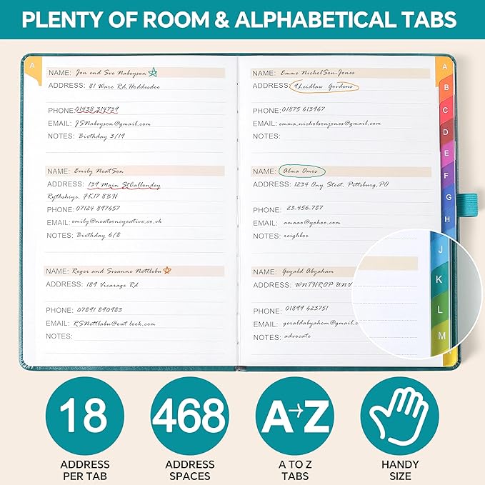 Address Book with Colorful Alphabetical Tabs (8.4" x 5.8") - Hardcover Telephone and Contact Organizer, with Space for Important Website Passwords and Software Licenses - Pink