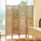 Svimi Folding Room Divider, 66.9 Inch 4 Panels Wood Carved Privacy Screens, Free Assembled Freestanding Portable Separation Wall for Home Office Bedroom (Natural)