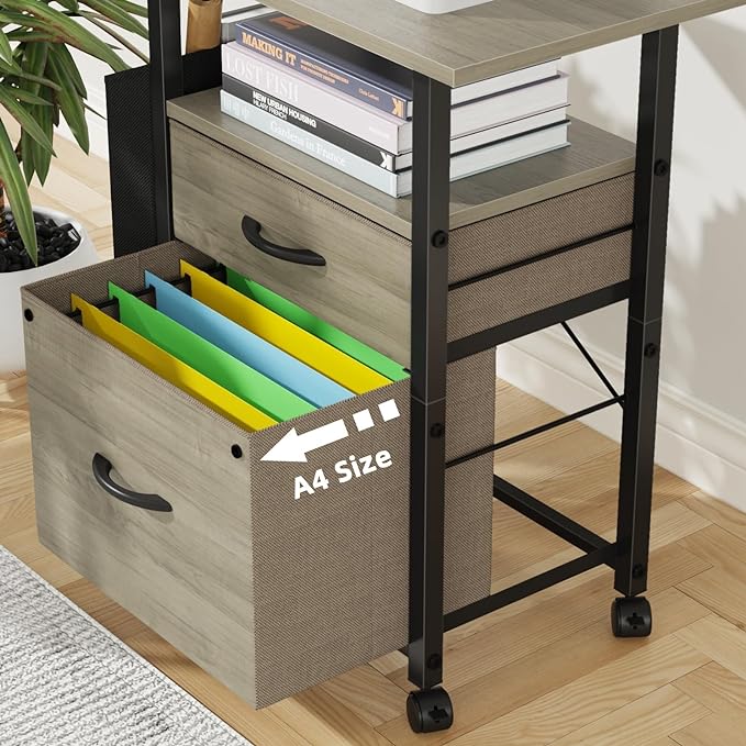 GYIIYUO 2 Drawer File Cabinet with 24'' Extended Desktop, Mobile Filing Cabinet, Rolling File Cabinet with Side Bag, Fabric Drawer, Fits A4/Letter Size, Printer Stand Home Office, Oak Grey