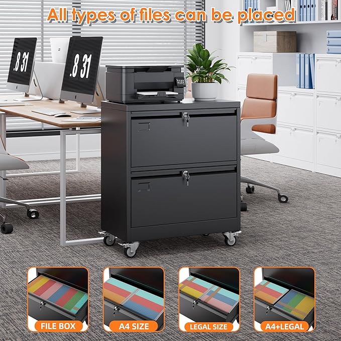 METAN Upgrade 2 Drawers Lateral File Cabinet on Wheels,Steel Office Filing Storage Cabinet with 2 Locks,Assembly Required,Black