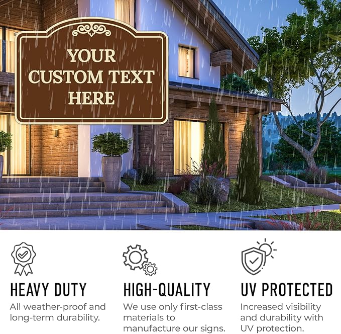 Custom Decorative Sign, Personalized Metal Sign for Business, Driveway, Home, Airbnb, Office Door Plaque, Brown Background 12x18 Inches, ACM, Fade Resistant, Made in USA by Sigo Signs