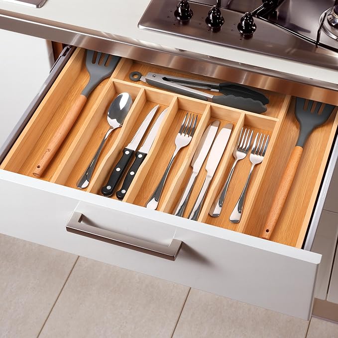 oridom Large Premium Bamboo Silverware Organizer - Expandable Drawer Organizer & Utensil Organizer - 17"x19.7" Cutlery Tray with Dividers for Kitchen Utensils and Flatware (7-9 Slots) (Natural)