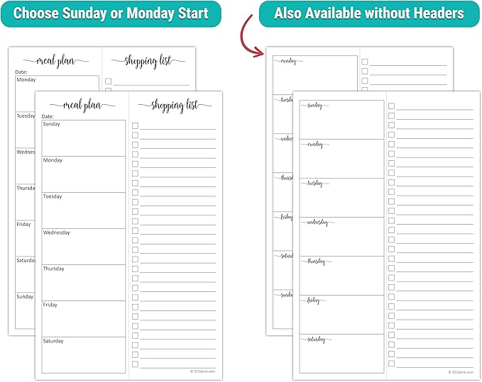 321Done Magnetic Meal Planning Notepad - Made in USA - Fridge Weekly Menu Planner Tear-Off Simple Shopping List Meals Groceries Grocery List, Magnet Memo Pad Refrigerator - Perforated Monday Start