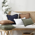 Foindtower Set of 2 Decorative Linen Fringe Lumbar Throw Pillow Covers Boho Farmhouse Cushion Cover with Tassels Soft Accent Pillowcase for Couch Sofa Bed Living Room Home Decor,12×20 Inch,Olive Green