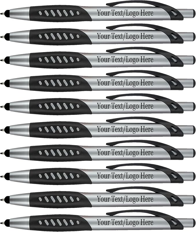 Personalized Pens With Custom Logo or Text-300 Pack Bulk-for Businesses, Parties, and Events, 2 in 1 Ballpoint Pen & Capacitive Stylus for Touchscreen Devices, Click Action, Black Ink, Black
