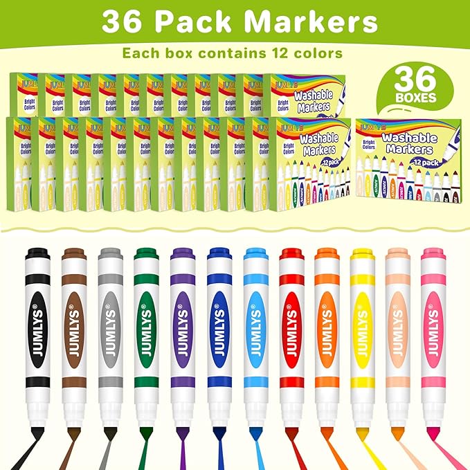 Jumlys 36 Boxes Washable Markers with 12 Colors, Bulk Color Marker for School Classroom, 432 Count Broad Tip Markers for Kids, Classroom Must Haves