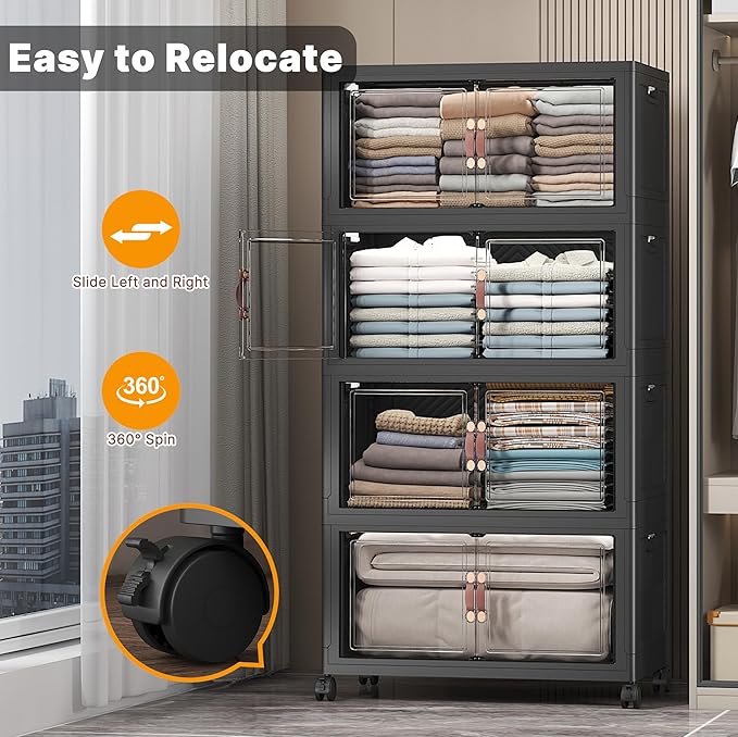 UAMFURI Extra Large Stackable Storage Bins with Lids & Wheels & Door, 896QT-112QT/28GAL*8Pack Foldable Collapsible Closet Organizers, Plastic containers drawers for bedroom Dorm