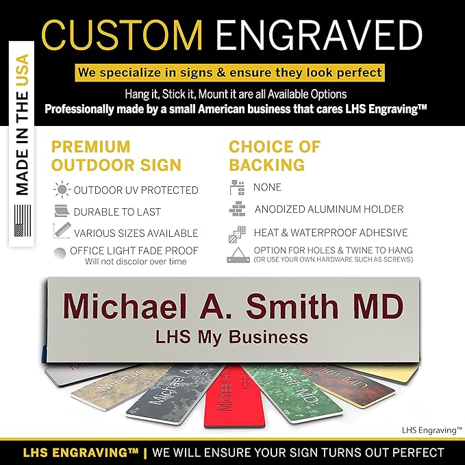 Personalized Name Plate with Choice of Mounting for Walls, Doors, Desk Holders, Cubicles, Hanging and More - Custom Light Gray Plastic Burgundy Letters - USA Made 2x8 - B21