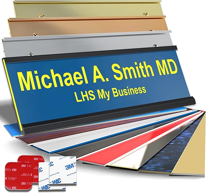 Custom Name Plate with Choice of Mounting for Walls, Doors, Cubicles, Hanging and More - Personalized Blue Plastic Yellow Letters - USA Made 2x10 - B20