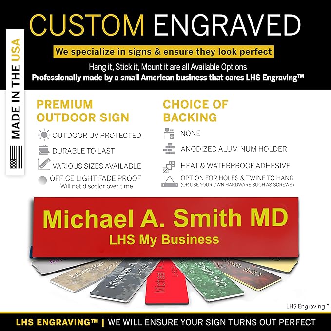 Custom Name Plate with Choice of Mounting for Walls, Doors, Cubicles, Hanging and More - Personalized Red Plastic Yellow Letters - USA Made 2x10 - B22