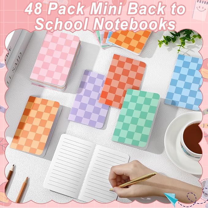 48 Pack Mini Hippie Groovy Notebooks Back to School Favors Small Pocket Size Retro Pink Blue Checked School Girl Notebooks for Students Teacher Appreciation Gift Employee Classroom Prize 5x3 Inch