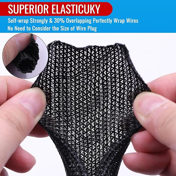 Flauzmann 1/4" Braided Cable Sleeve - 10Ft Cat Cord Protector Split Wire Loom Tubing Flexible Self Wrapping for USB, Audio, Automotive Cord, Dog Chew Proof Cable Protector - Black