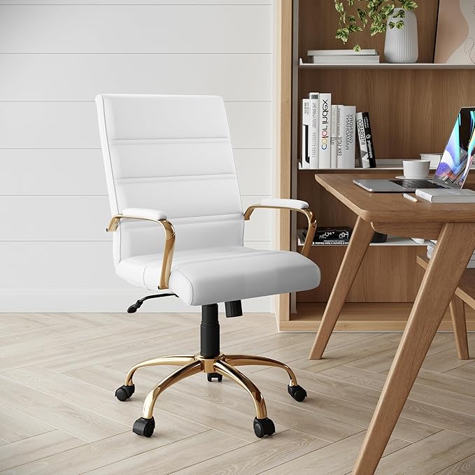 Flash Furniture Whitney Mid-Back Swivel LeatherSoft Desk Chair with Padded Seat and Armrests, Adjustable Height Padded Office Chair, White/Gold