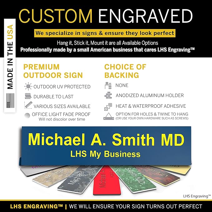 Custom Name Plate for Doors, with Choice of Mounting Holders for Walls, Doors, Cubicles, Hanging and More - Personalized Blue Plastic Yellow Letters - USA Made 2x6 - B20