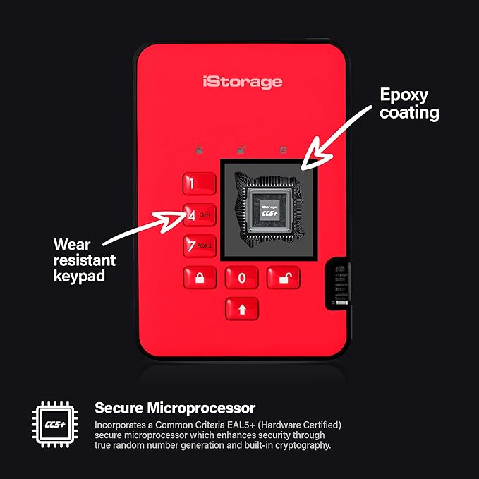 iStorage diskAshur2 HDD 3TB Red | Secure portable hard drive | Password protected | Dust & water resistant | Hardware Encryption