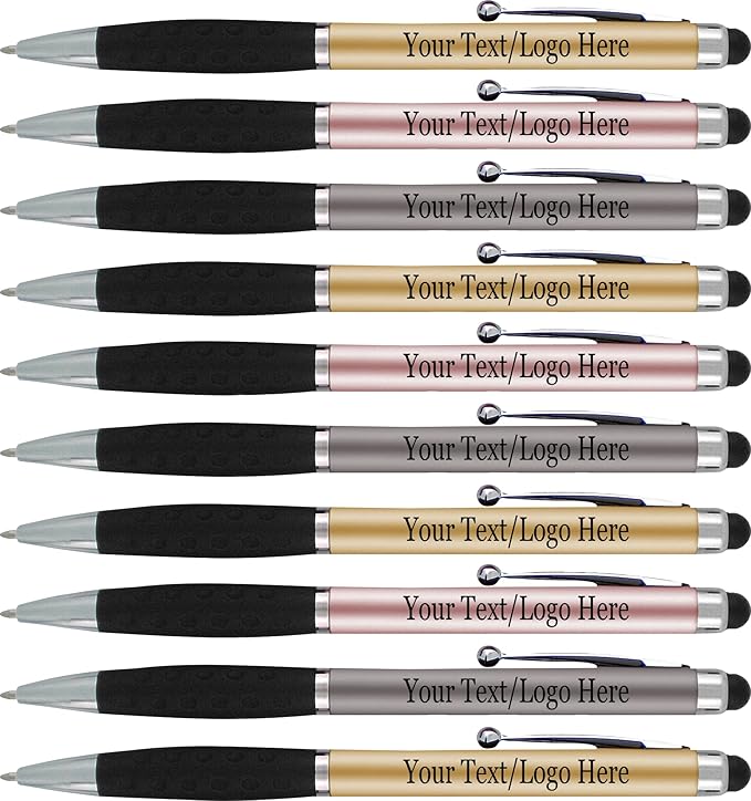 Personalized Pens With your Custom Logo or Text-300 Pack Bulk-for Businesses, Parties, and Events, 2 in 1 Ballpoint Pen & Stylus for Touchscreen Devices, Light Assorted Barrels, Black Ink