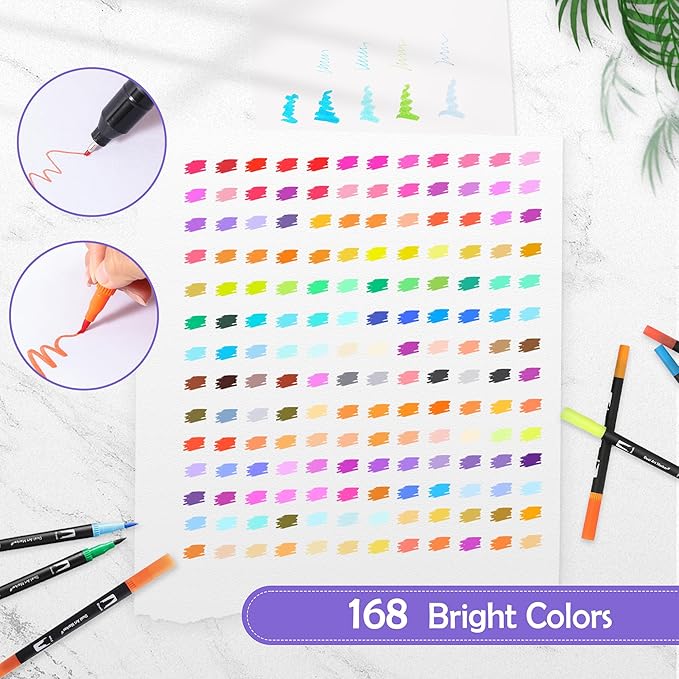 168 Colors Brush & Fine Dual Tip Watercolor Markers Set for Kids Adults Coloring Books No Bleeding Paint Pens For Drawing Note taking Planner Calligraphy Journaling Card Making Art Supplies
