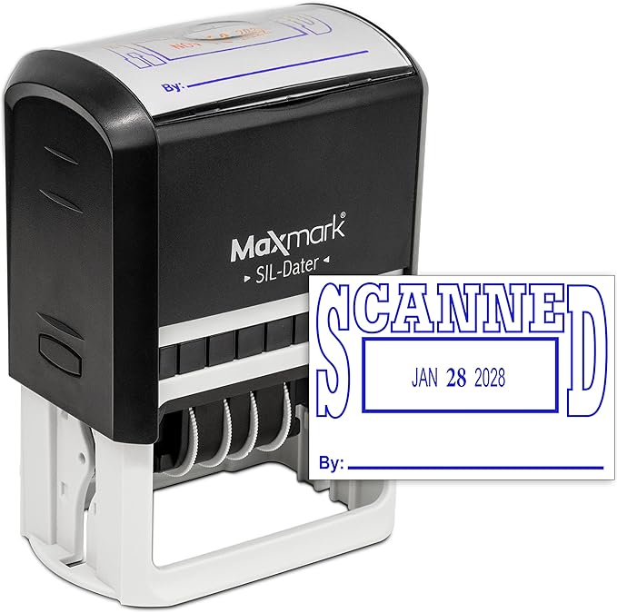 MaxMark Large Self-Inking Rubber Date Office Stamp with Scanned Phrase & Date - Blue Ink, 12-Year Band - Style 5