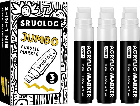 3 Jumbo Permanent Markers White, 15mm Thick Wide Tip, Large Acrylic Paint Markers for Rock Painting, Poster, Stone, Ceramic, Glass, Wood, Canvas