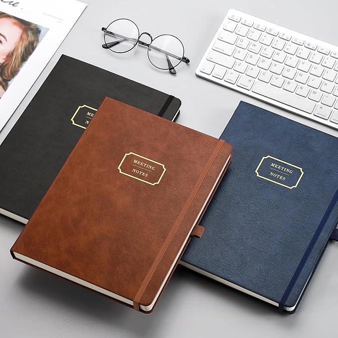EMSHOI Meeting Notebook for Work with Action Items - 320 Pages B5 Thick Project Planner Agenda Organizer Work Notebook for Women Men Office Business Notes, PU Leather Hardcover, 7.5" x 10", Coffee