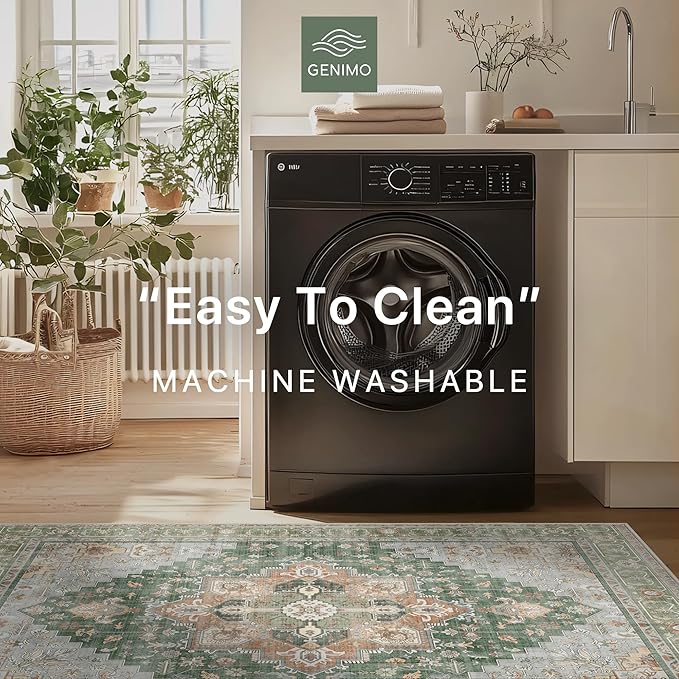 GENIMO 2x7 Runner Rugs for Hallway, Machine Washable Non Slip Vintage Rugs, Low Pile Lightweight Soft Print Rug for enrtyway, Corridor, Home Office, Kitchen,Sage Green