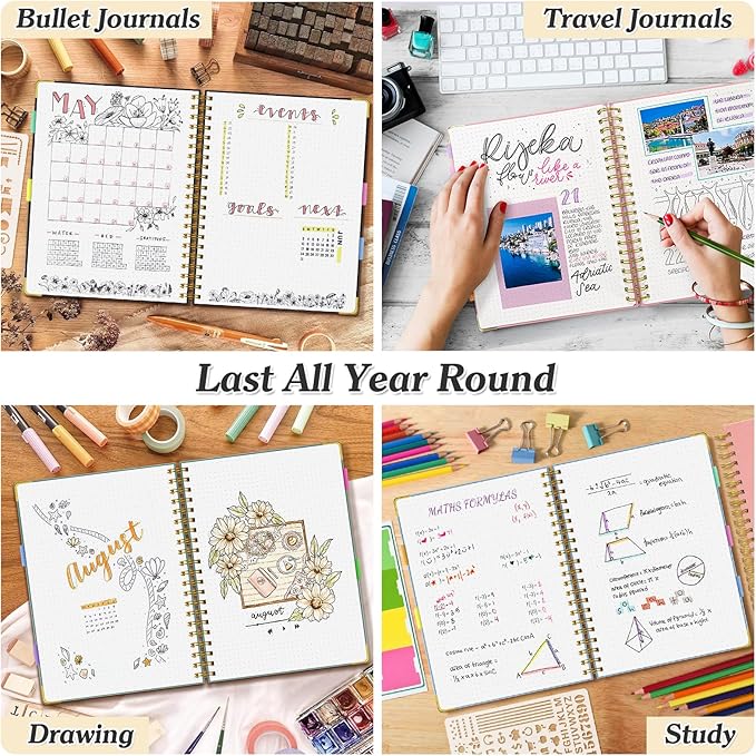 Bullet Dotted Journal Spiral Notebook, 300 Pages Leather Notebooks with Contens, 120 GSM Thick No Bleed Through Paper Journals, A4 Large Dot Grid Notebook for Women Men Work Writing, 8.5" x 11", Black