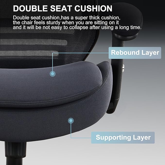 400lbs Ergonomic Office Chair with Double Seat Cushion and Soft Armrests for Executive Computer Desk with Built-in Lumbar Support(Gray)