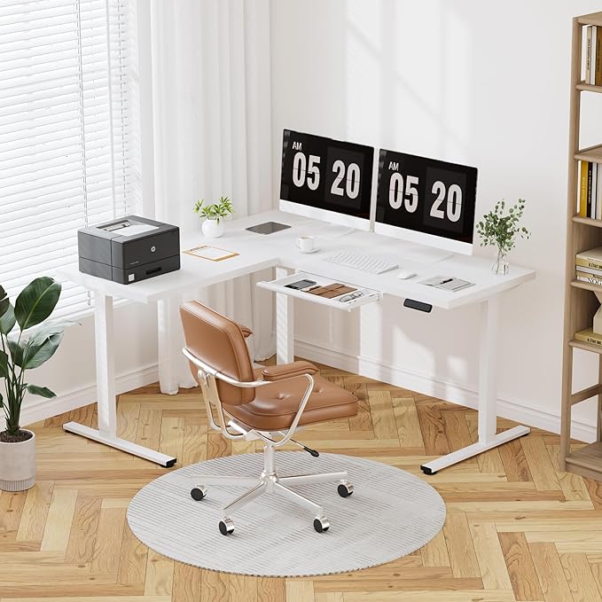 FLEXISPOT L Shaped Standing Desk, 63 x 55 Inch Electric Height Adjustable Corner Desk, Sit Stand Computer Workstation, Preset Controller, Home Office, White Frame with White Top, White Drawer