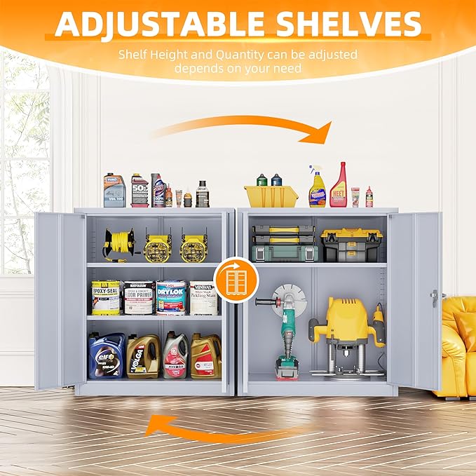 INTERGREAT Metal Cabinet with Lock, Lockable Metal Storage Cabinets with Doors and Shelves for Garage, Cement Grey Locking Garage Storage Cabinets 36"×32"×16"