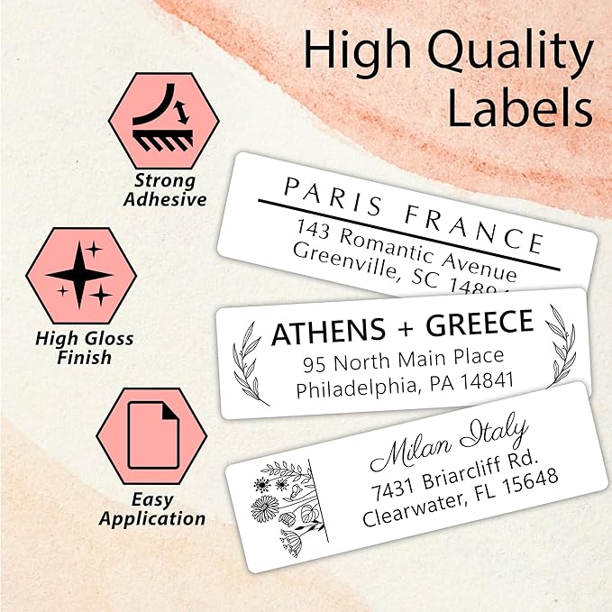 Personalized Return Address Labels - High Gloss Custom Mailing Labels on Sheets - Self-Adhesive Return Stickers for Envelopes with Crisp Printing Design (50-1000)