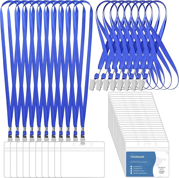 100 Pcs Lanyards for ID Badges and 100 Pcs Clear Name Tag Holders Reusable Lanyard with Clip Plastic ID Card Badge Holder Name Badges for Adults Kids Business School Office Supplies (Blue)