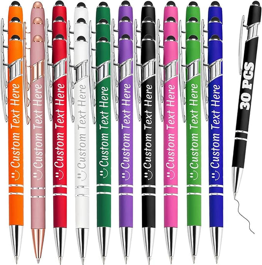 Personalized Pens Bulk 30 with Name Custom Engraving Ballpoint Pens with Stylus Tip Customized Smooth Writing Pens Personalized Gifts for Anniversary Birthday or Graduation(Assorted,Black Ink)