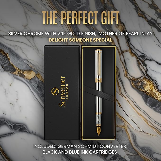 Scriveiner Silver Chrome Fountain Pen - Stunning Luxury Pen, Real Gold Finish, Schmidt Gilded Nib (Extra Fine), Best Gift Set for Men & Women Professional Executive Office Nice Designer Pen
