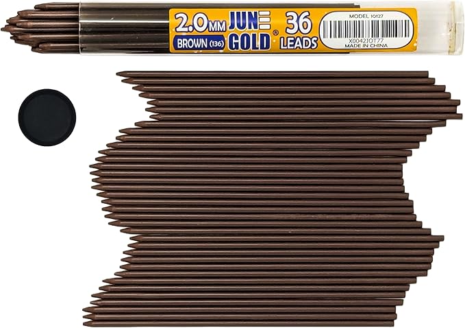June Gold 36 Brown (Walnut #136) Colored 2.0 mm Lead Refills, Bold Thickness for Heavy Use, Break Resistant with a Convenient Dispenser