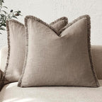 Foindtower Set of 2 Decorative Linen Fringe Throw Pillow Covers Boho Farmhouse Cushion Cover with Tassels Accent Pillowcase for Couch Chair Sofa Bed Living Room Home Decor,16×16 Inch,Brown Tan