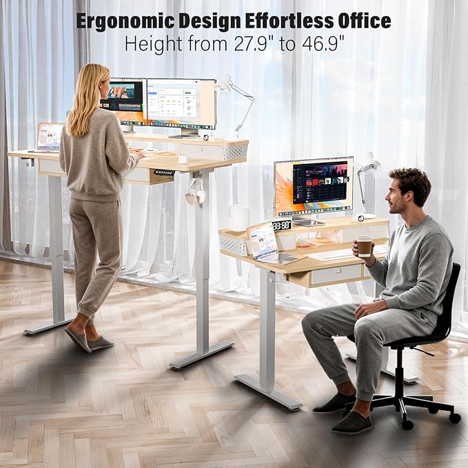 Kingant 48 x 24 Inch Electric Standing Desk with 4 Drawers, Height Adjustable Sit to Stand Computer Desk with Storage Shelf and C-Clamp Mount Compatibility for Home Office, Nature