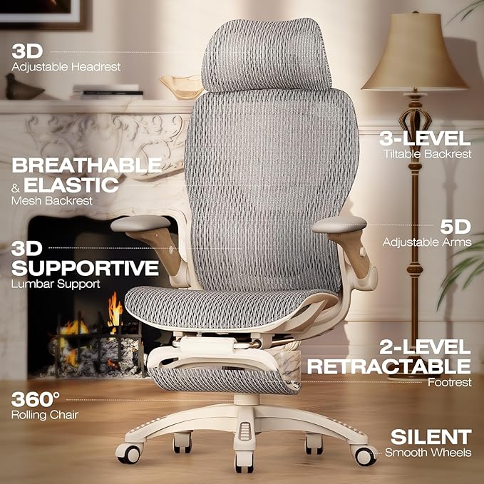 ELABEST X100 Ergonomic Office Chair with Footrest, Big and Tall Home Desk Chair with 5D Flip-Up Arms, Adjustable 7D Lumbar Support,High Back Rolling Computer Chair, Swivel Mesh Chairs (Foggy Morning)