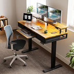 AODK Electric Standing Desk with Drawers & Keyboard Tray, 55 Inch Height Adjustable Gaming Desk with Power Outlets & LED Lights, Sit Stand Table with Monitor Stand for Home, Office, Rustic Brown