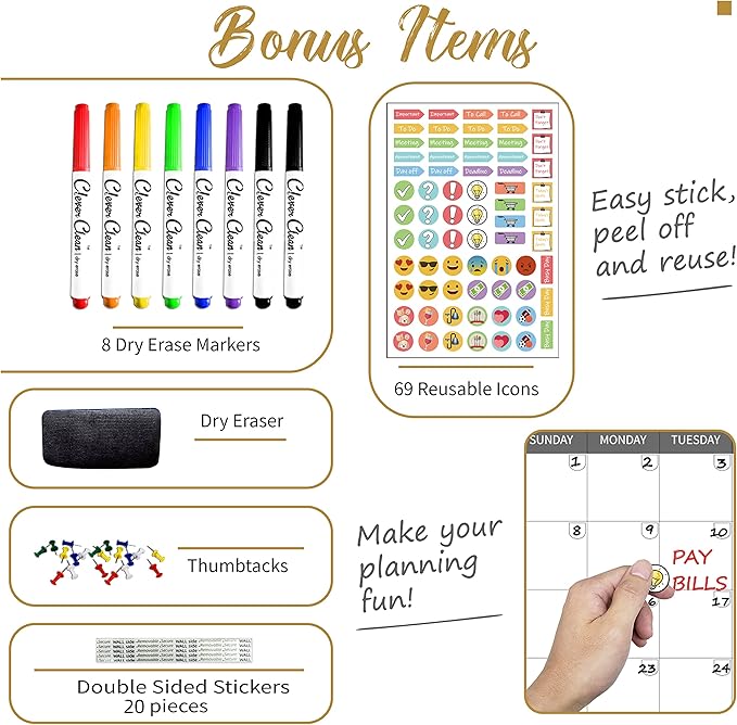 CLEVER CLEAN Large Dry Erase Wall Calendar 5 Feet- 48"x60" 2026 Undated Yearly Planner for Home, Office, School Projects - Jumbo Erasable Laminated Task Organizer