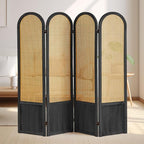 Asnefeli Room Divider 4 Panels, Folding Privacy Screen, Foldable Wood Rattan Room Divider Panel, Portable Partition Screen, Wall Divider for Room Separation Bedroom Home Office Garden Terrace (Black)