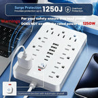 JouleLoom 6 FT Flat Plug Surge Protector Power Strip,11 Multiple AC Outlets with 6 USB Ports (2 USB C), 6 Feet Extension Cord, 1250W/10A, One Touch Switch Button, 17 in 1 Compact powerstrip-White