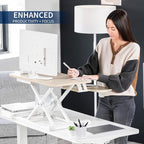 VIVO 28 inch Desk Converter, K Series, Height Adjustable Sit to Stand Riser, Dual Monitor and Laptop Workstation with Keyboard Tray, Light Wood Top, White Frame, DESK-V028KF